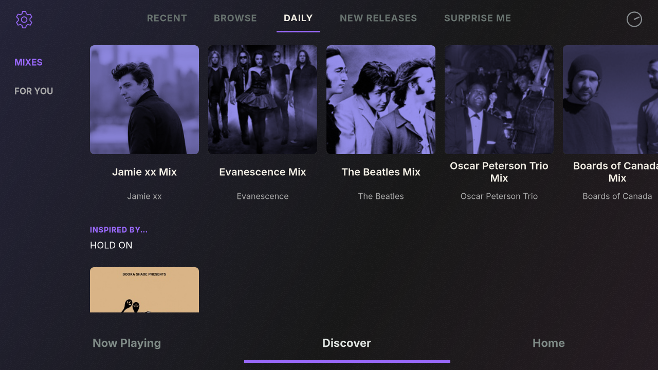 RoonDeck Daily Mixes on a landscape touchscreen