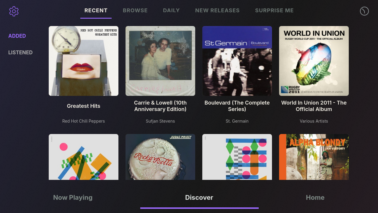 RoonDeck recent album browser on a landscape touchscreen
