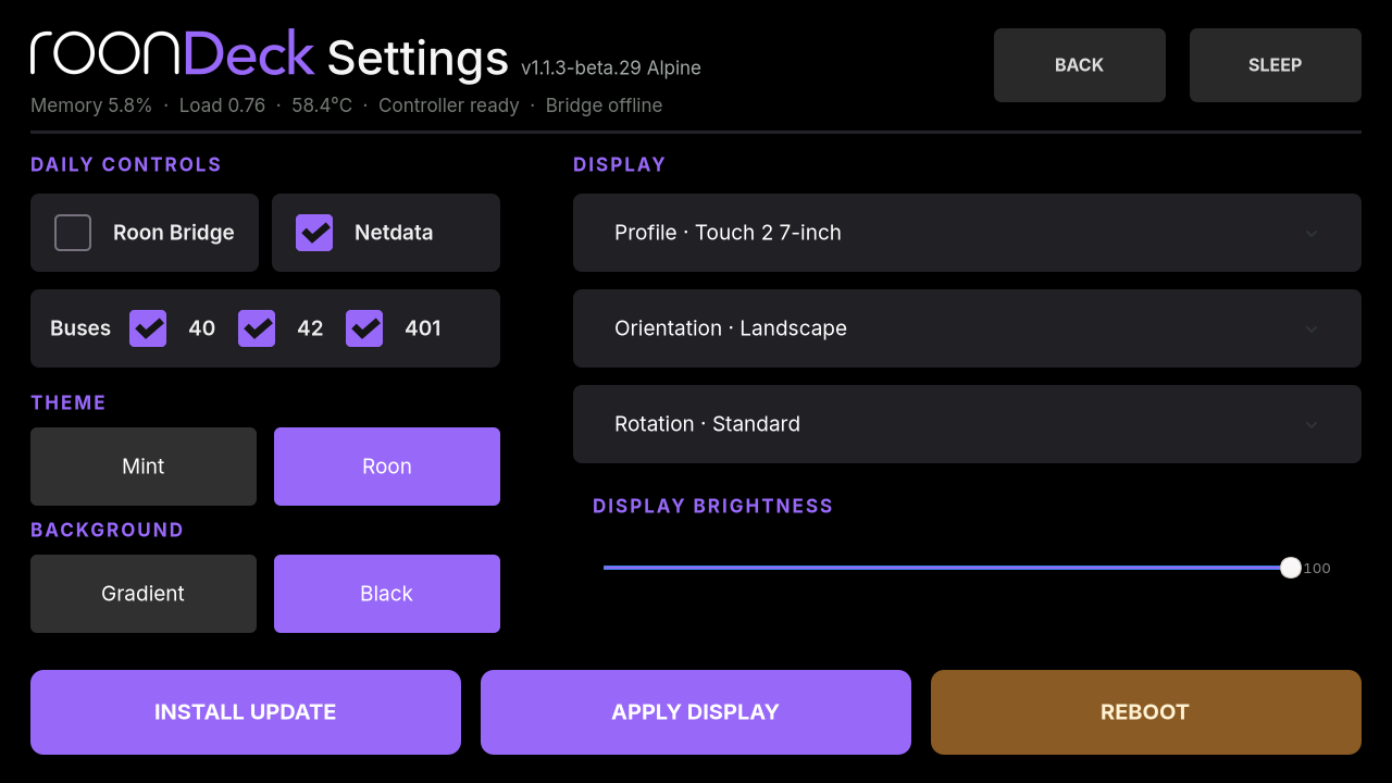 RoonDeck touchscreen settings for display, theme, brightness and updates